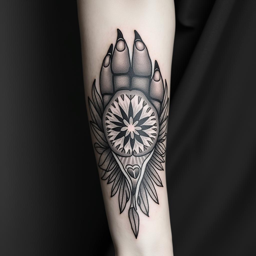 Star heart dog pawin ornamental tattoo style, featuring intricate symmetrical patterns and floral designs, showcasing highly detailed line work and geometric shapes, creating a sense of elegance and balance - Variation 2