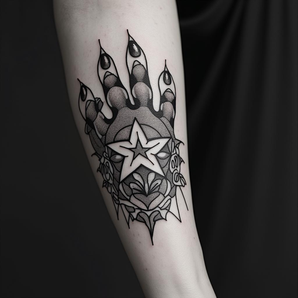 Star heart dog pawin ornamental tattoo style, featuring intricate symmetrical patterns and floral designs, showcasing highly detailed line work and geometric shapes, creating a sense of elegance and balance - Variation 3