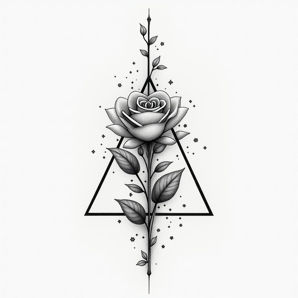 I don't want to forget my father's illness. I want to include blue amber and roses. I prefer something feminine and simple.in minimalist style tattoo, featuring simple shapes and fine lines, with minimal shading and details, tiny triangles, creating a sense of balance and harmony - Variation 3