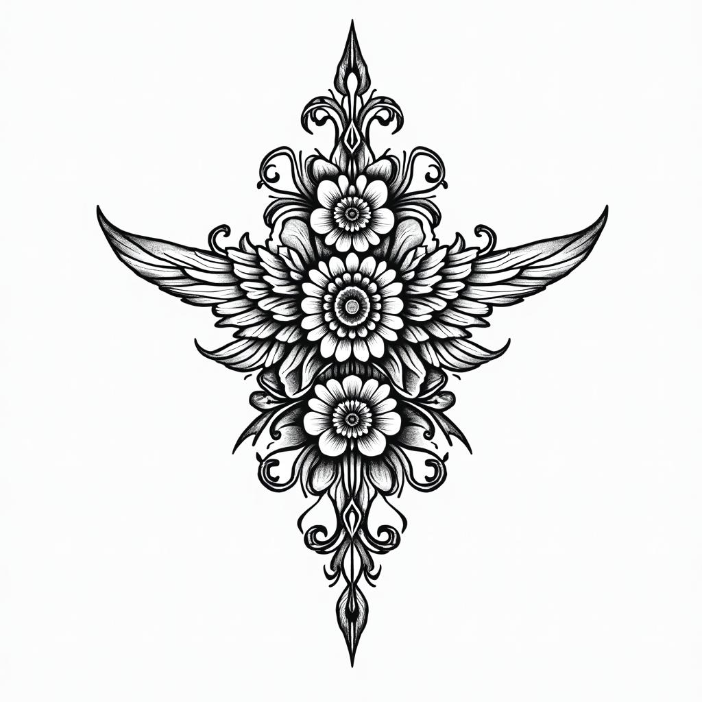 I am stubborn, loving, clingy, Capricorn sign, January 10, 1983.in ornamental tattoo style, featuring intricate symmetrical patterns and floral designs, showcasing highly detailed line work and geometric shapes, creating a sense of elegance and balance