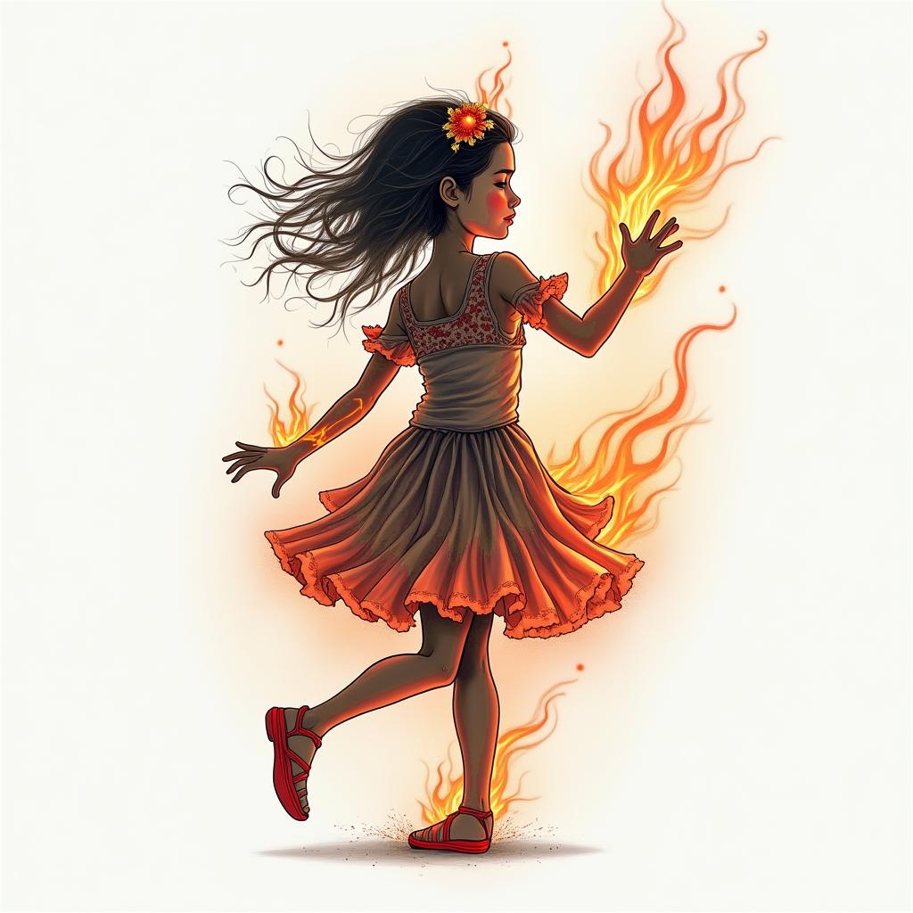 I would like a tattoo that expresses the love I have for my daughter, the date when I left home (20/12/17), the importance of seeing her happy, her dancing, and that I am always with her at any moment.in flame tattoo style showcasing fiery elements with dynamic flame patterns, glowing effect of flames, natural colors - Variation 3