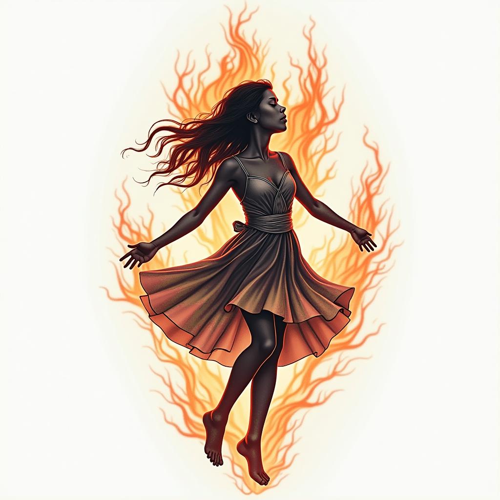 I would like a tattoo that expresses the love I have for my daughter, the date when I left home (20/12/17), the importance of seeing her happy, her dancing, and that I am always with her at any moment.in flame tattoo style showcasing fiery elements with dynamic flame patterns, glowing effect of flames, natural colors
