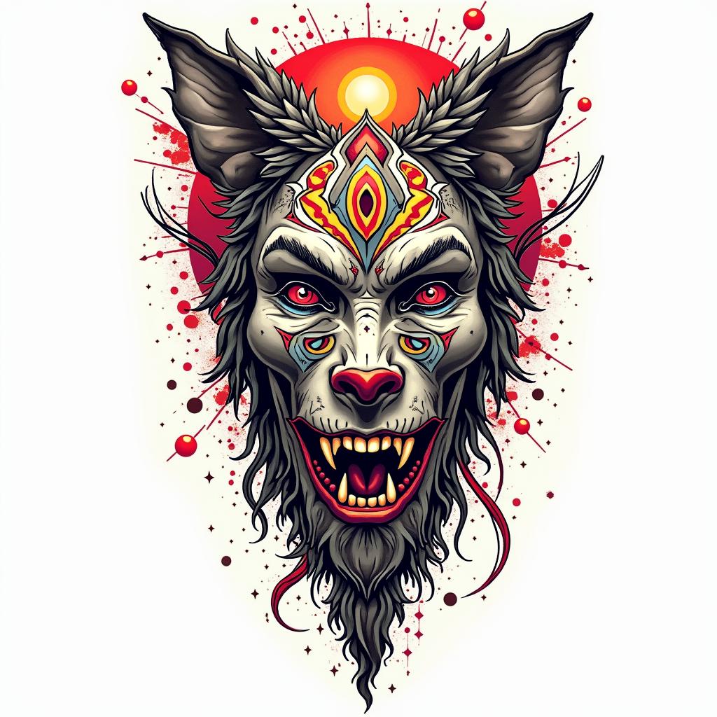 Cosmic tribalin pop art style tattoo, featuring bold and vibrant colors, exaggerated outlines, iconic imagery, inspired by comic books and speech bubbles, comic book characters, retro pop culture - Variation 2