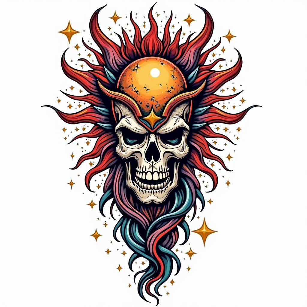 Cosmic tribalin pop art style tattoo, featuring bold and vibrant colors, exaggerated outlines, iconic imagery, inspired by comic books and speech bubbles, comic book characters, retro pop culture