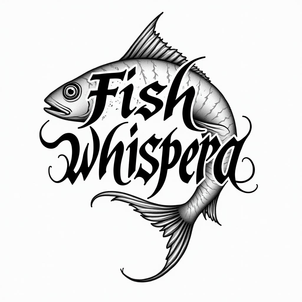 FISH WHISPEREtext-based tattoo, gothic font ultra-realistic, perfectly placed, high-quality font design, photo-realistic shading, 8k, high quality, finely detailed typography