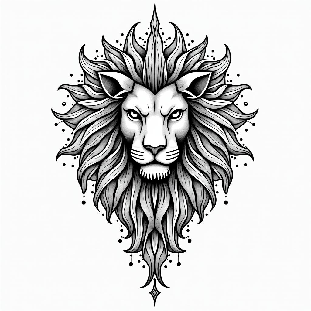 Zodiac Leoin dotwork style tattoo, complex mandala patterns, interlocking geometric shapes with sharp symmetry, clean lines, sharp angles - Variation 3