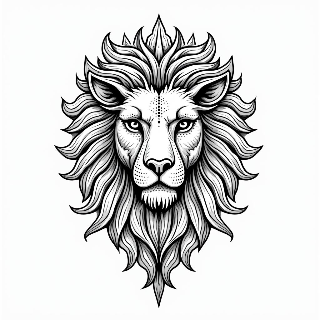 Zodiac Leoin dotwork style tattoo, complex mandala patterns, interlocking geometric shapes with sharp symmetry, clean lines, sharp angles