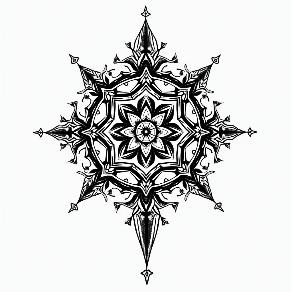 Zodiac Leoin dotwork style tattoo, complex mandala patterns, interlocking geometric shapes with sharp symmetry, clean lines, sharp angles - Variation 2