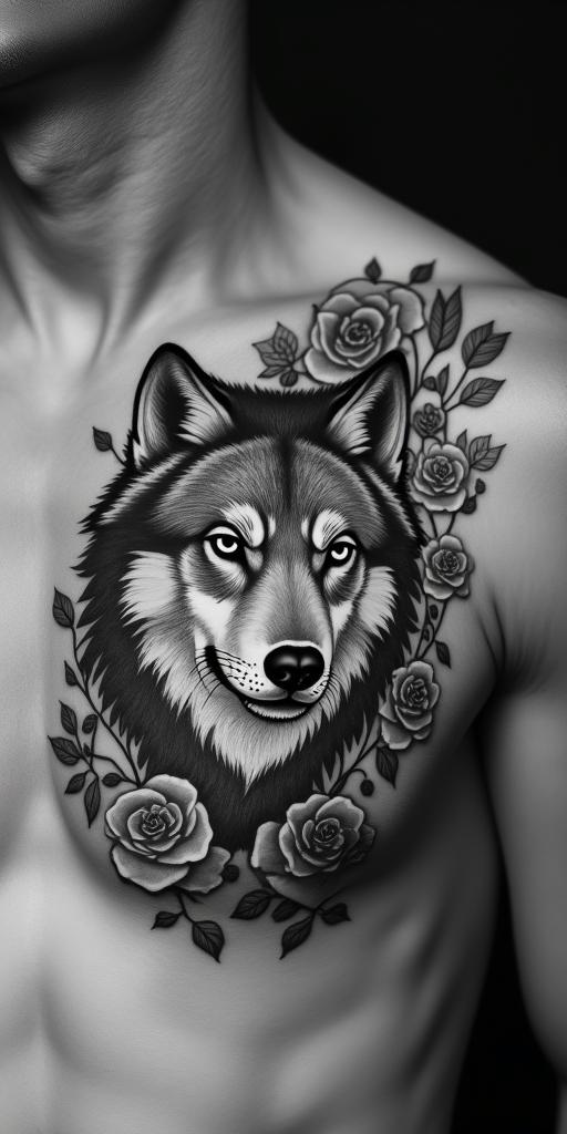 A wolf with roses surrounded by Greek godshigly detailed tattoo - Variation 3