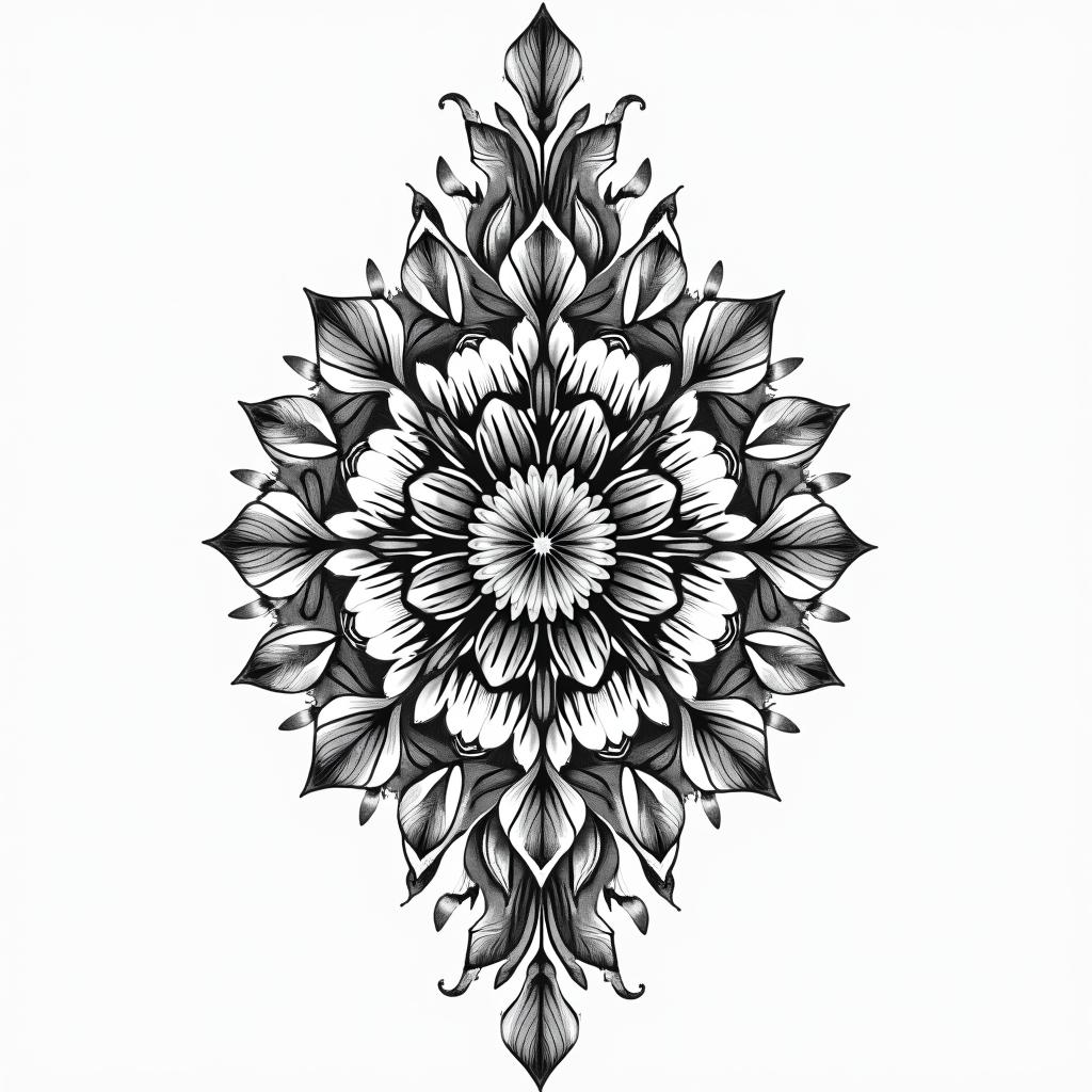 Alexandra, Virgo, Colombiain ornamental tattoo style, featuring intricate symmetrical patterns and floral designs, showcasing highly detailed line work and geometric shapes, creating a sense of elegance and balance