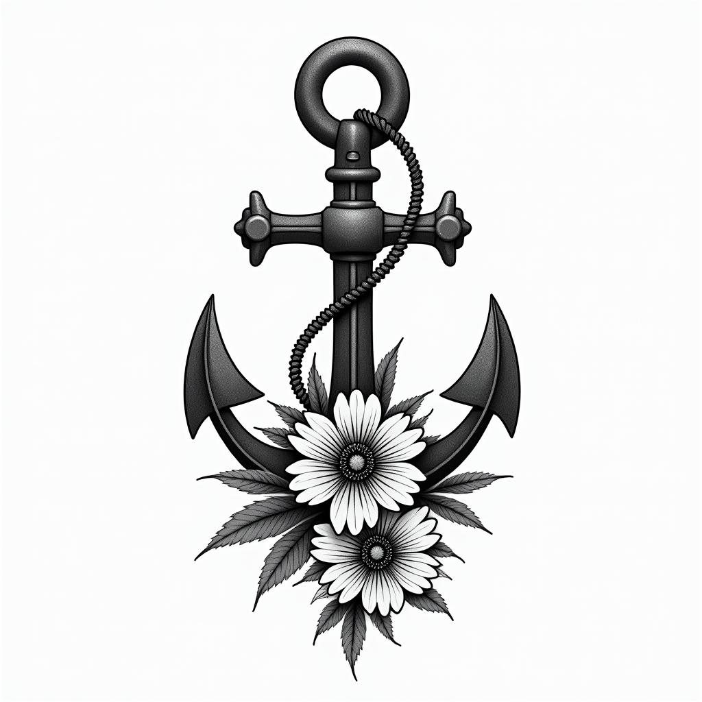 Traditonal anchor and petuniashigly detailed tattoo - Variation 3