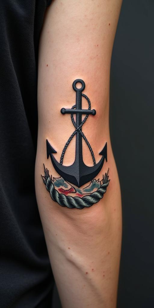 Anchor with nautical rope and compassin 8-bit tattoo style, minimalistic pixel style tattoo, pixel art with simplified shapes and retro gaming visuals, inspired by 8-bit pixel based detailing - Variation 3