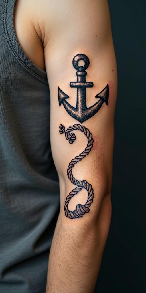 Anchor with nautical rope and compassin 8-bit tattoo style, minimalistic pixel style tattoo, pixel art with simplified shapes and retro gaming visuals, inspired by 8-bit pixel based detailing - Variation 4