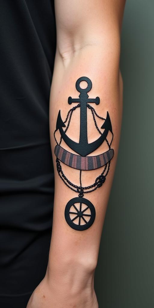 Anchor with nautical rope and compassin 8-bit tattoo style, minimalistic pixel style tattoo, pixel art with simplified shapes and retro gaming visuals, inspired by 8-bit pixel based detailing - Variation 2