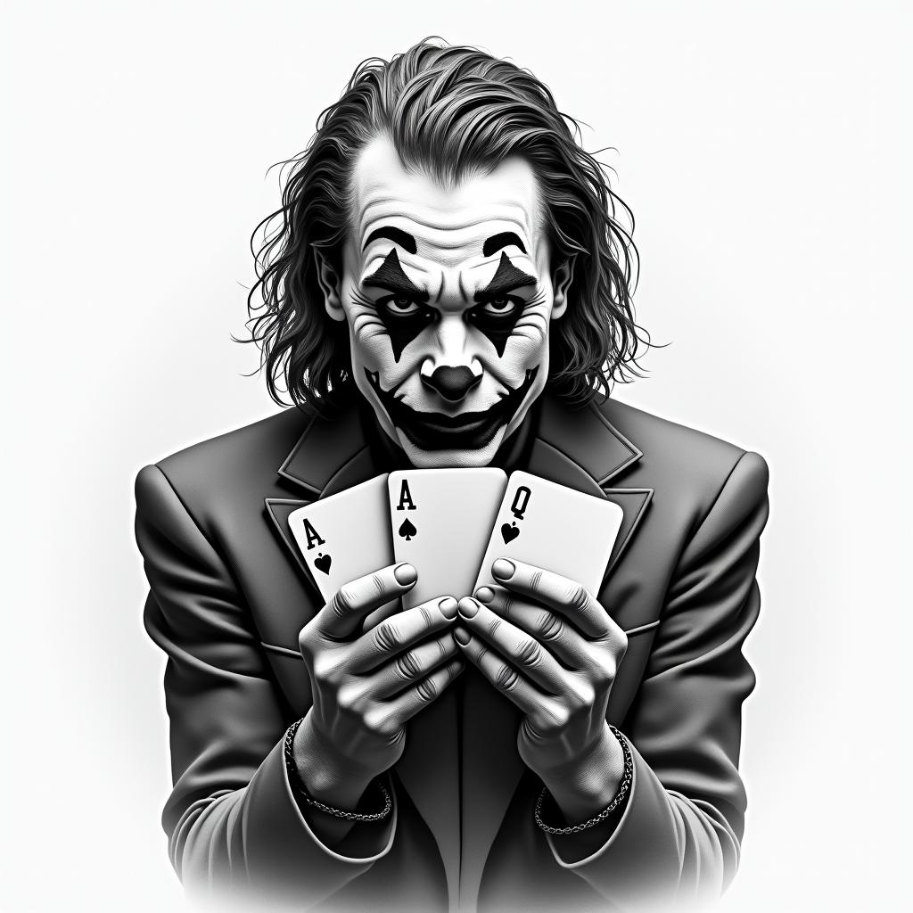 I want a tattoo of the Joker holding 3 cards. The 3 cards are the 5 of hearts and are identical. I do not want to see the entire Joker but only his face, his hands, and the cards. Be creative, I do not want a tattoo that is too dark.higly detailed tattoo - Variation 4
