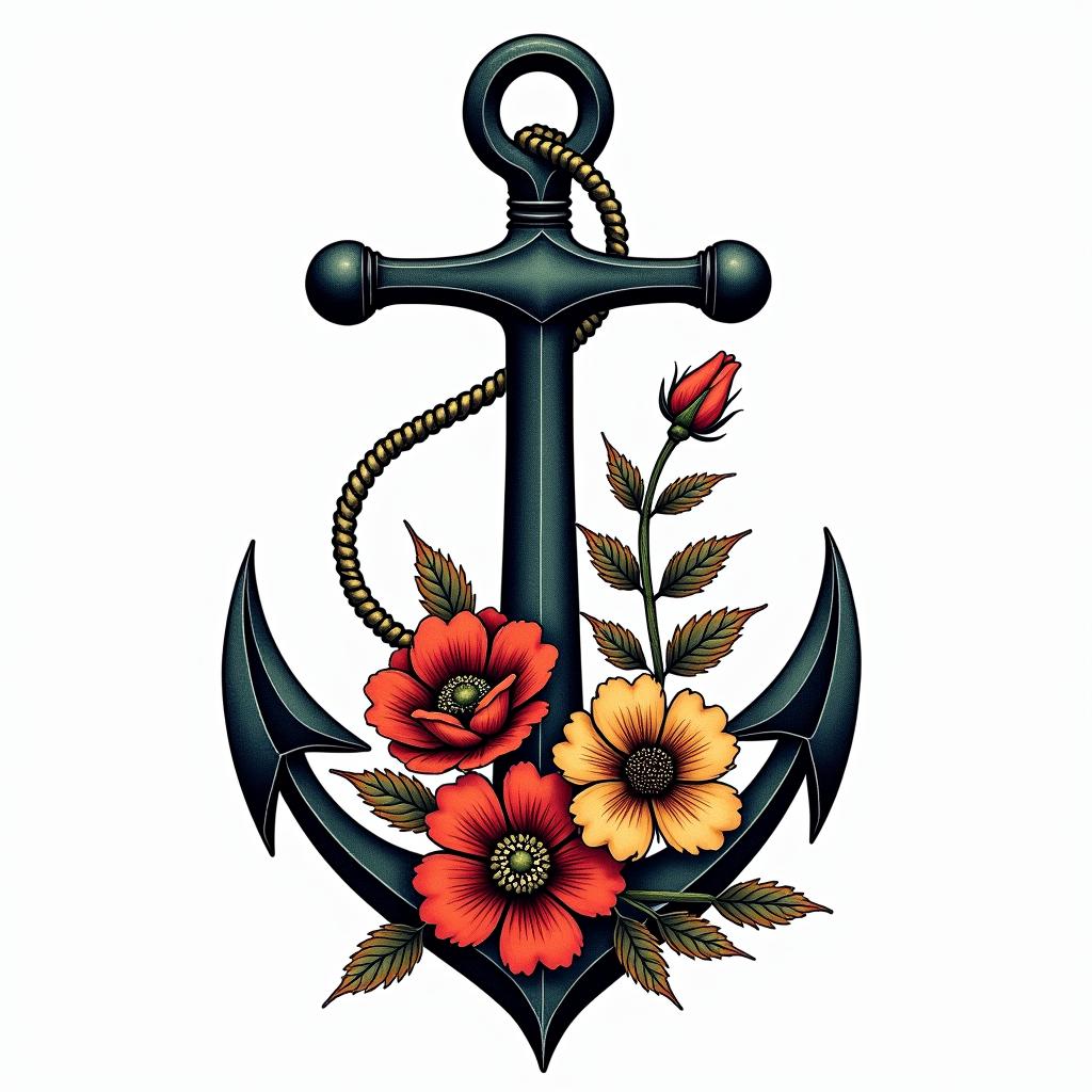 Traditonal anchor and petuniasin pop art style tattoo, featuring bold and vibrant colors, exaggerated outlines, iconic imagery, inspired by comic books and speech bubbles, comic book characters, retro pop culture - Variation 2