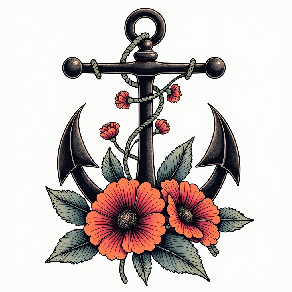 Traditonal anchor and petuniasin pop art style tattoo, featuring bold and vibrant colors, exaggerated outlines, iconic imagery, inspired by comic books and speech bubbles, comic book characters, retro pop culture - Variation 4