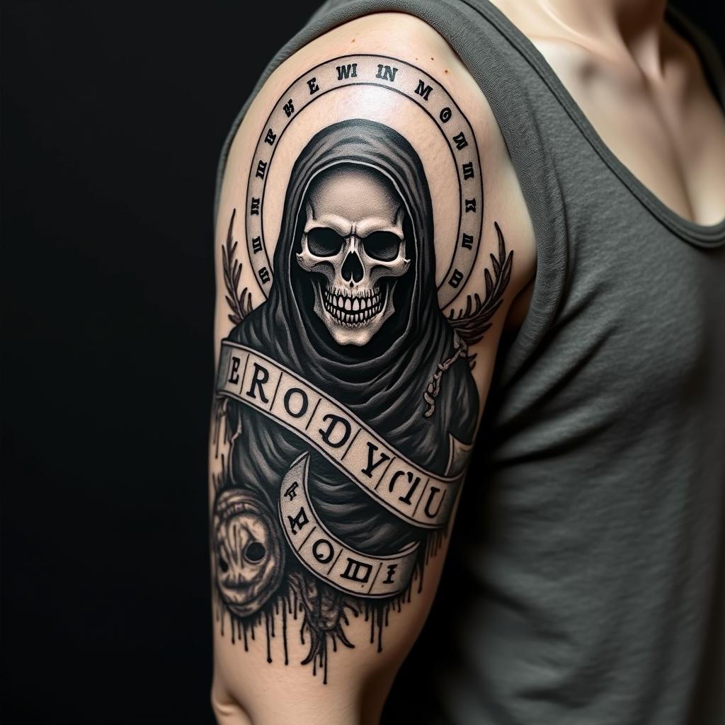 Reaper with calendar scrolls around reaper in horror tattoo style, showcasing haunting and unsettling, dark and gritty textures with skulls, eerie faces, jgged designs, bold and intense shading - Variation 3