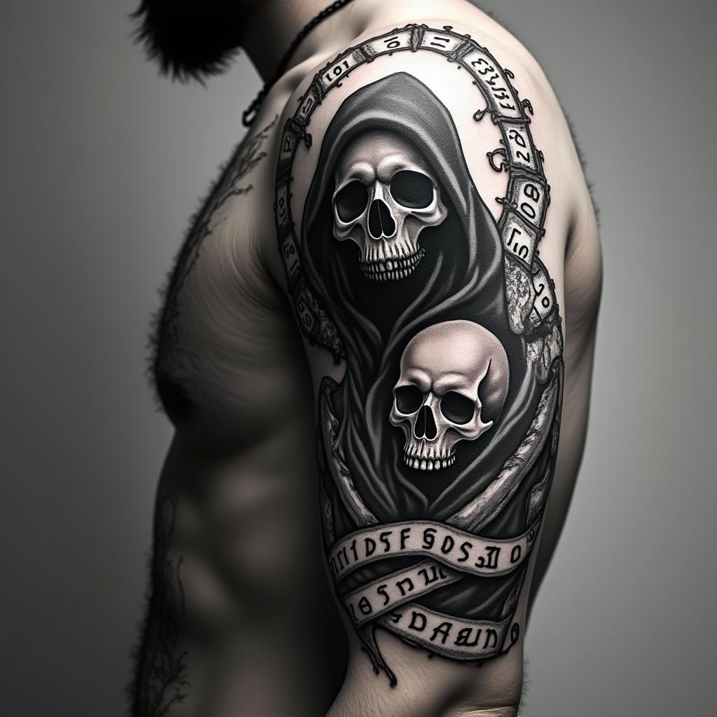 Reaper with calendar scrolls around reaper in horror tattoo style, showcasing haunting and unsettling, dark and gritty textures with skulls, eerie faces, jgged designs, bold and intense shading - Variation 2