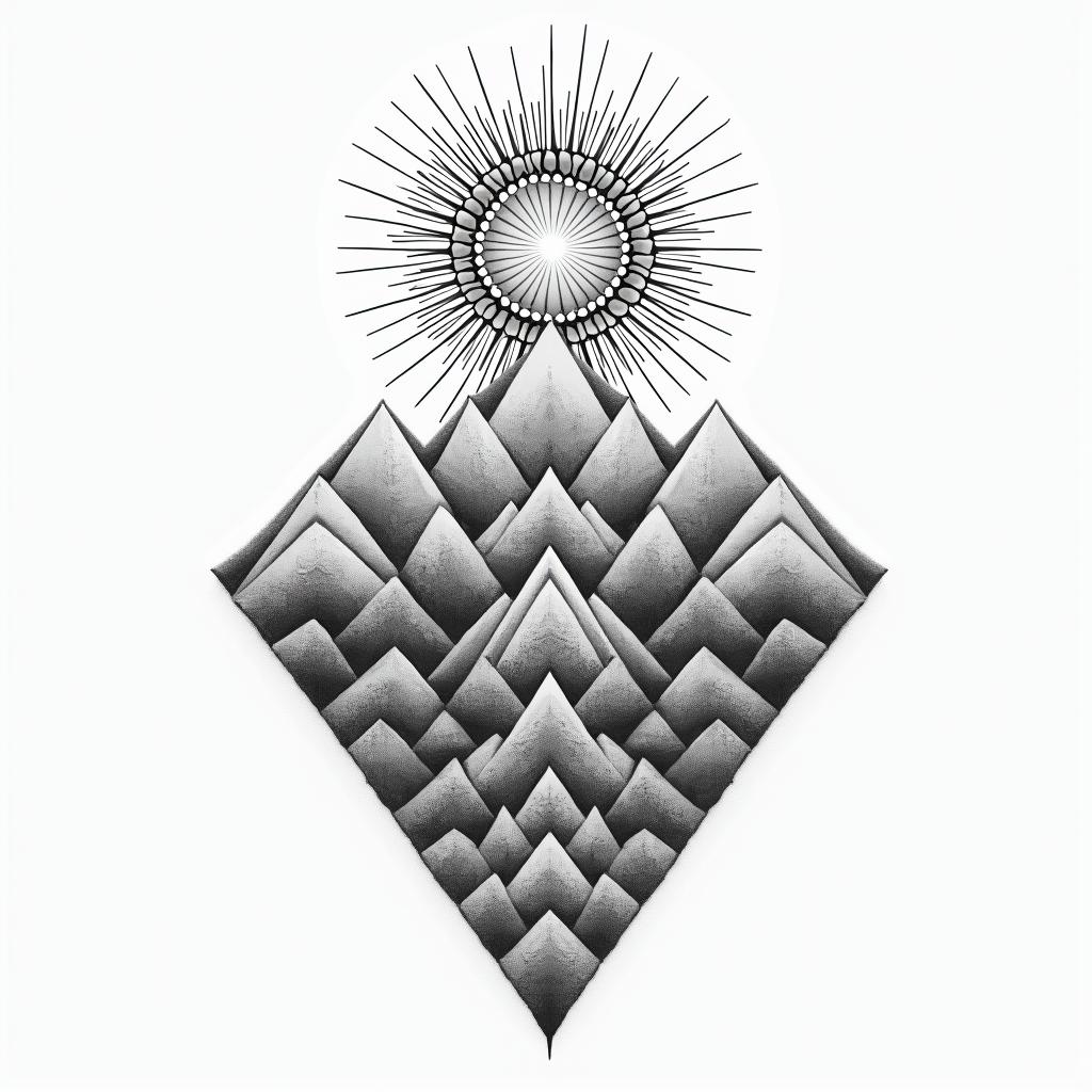 Mountain range with a rising sun in geometric style tattoo, blending hexagons, mandala-inspired patterns, symmetrical and fractal design, clean lines, sharp angles - Variation 5