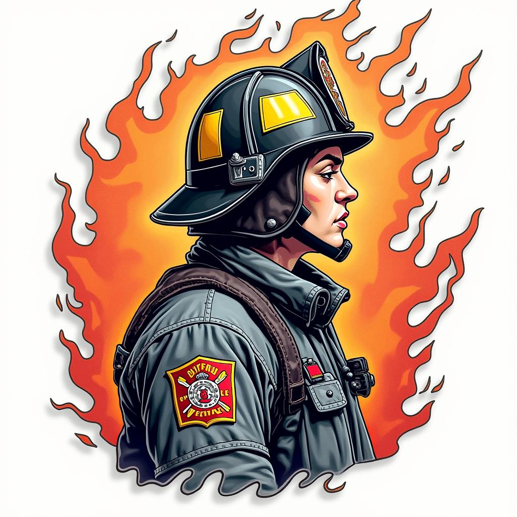 Fire departmentin pop art style tattoo, featuring bold and vibrant colors, exaggerated outlines, iconic imagery, inspired by comic books and speech bubbles, comic book characters, retro pop culture - Variation 3
