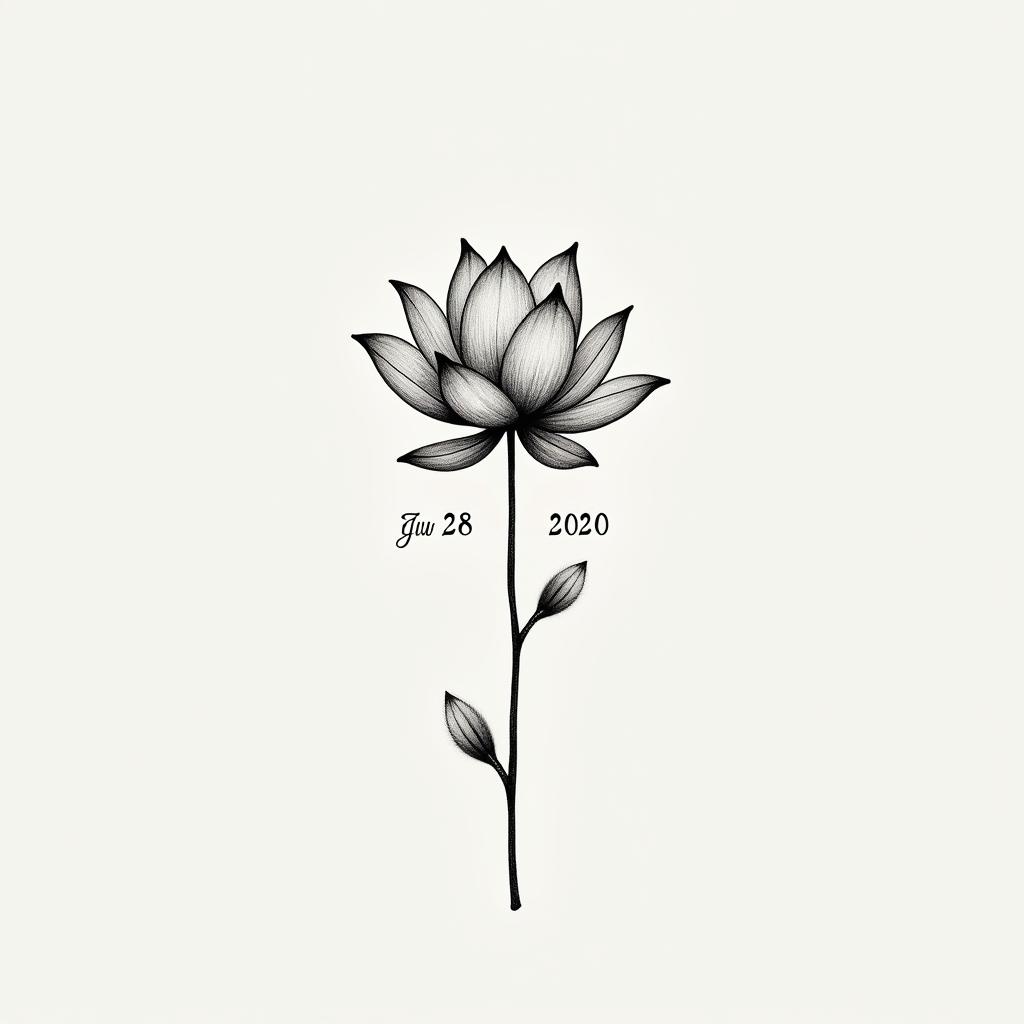 A subtle tattoo design featuring a delicate lotus flower symbolizing rebirth and tranquility, intertwined with the dates "July 28, 2010" and "March 27, 2025" in a soft script font, representing the memory of a joyful friend lost too soon.higly detailed tattoo