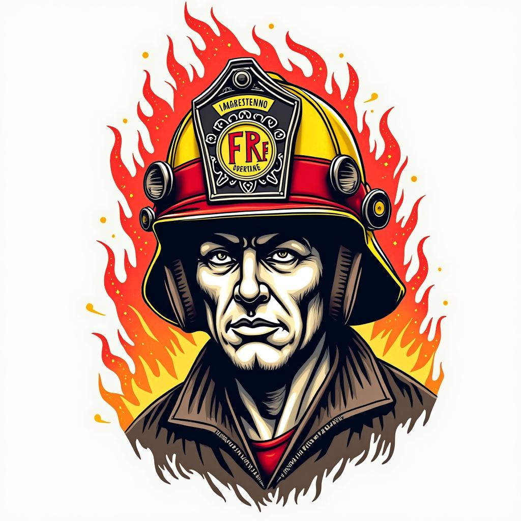 Fire departmentin pop art style tattoo, featuring bold and vibrant colors, exaggerated outlines, iconic imagery, inspired by comic books and speech bubbles, comic book characters, retro pop culture - Variation 2