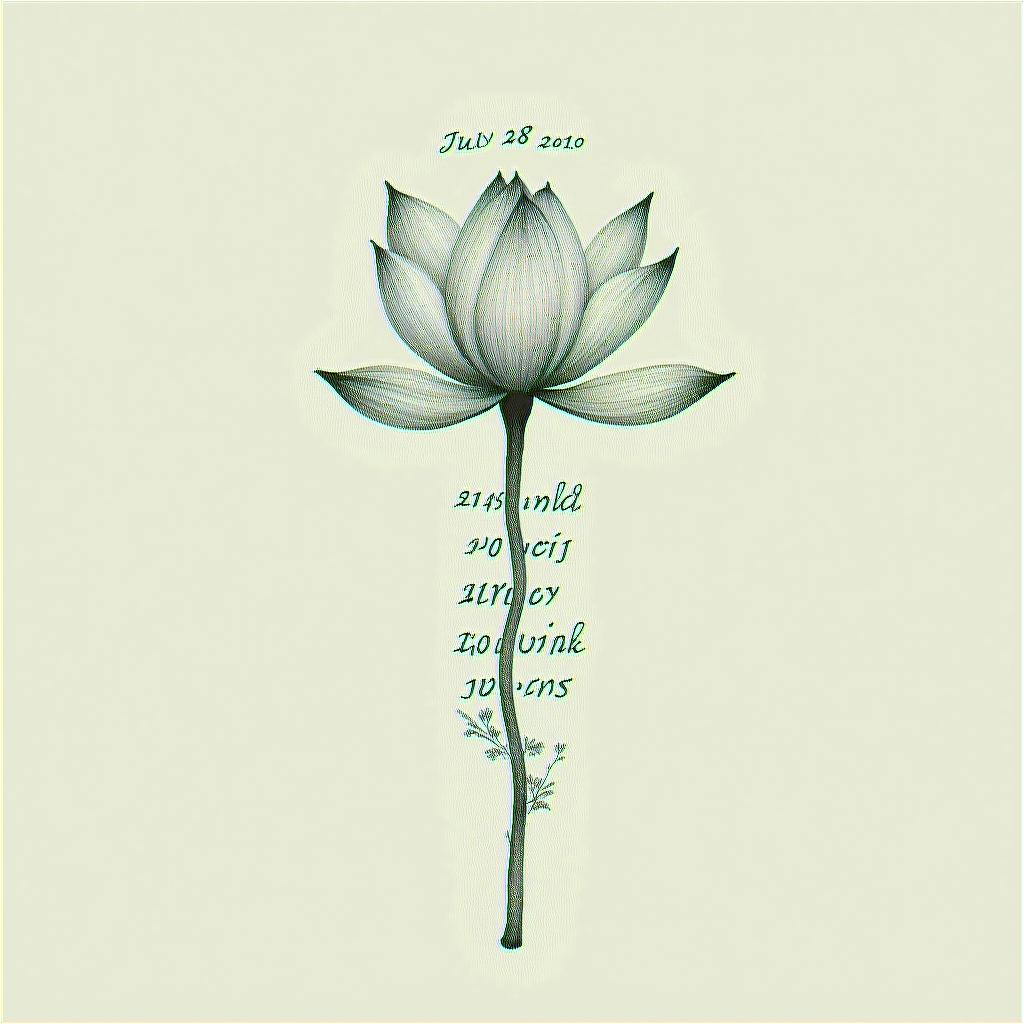 A subtle tattoo design featuring a delicate lotus flower symbolizing rebirth and tranquility, intertwined with the dates "July 28, 2010" and "March 27, 2025" in a soft script font, representing the memory of a joyful friend lost too soon.higly detailed tattoo - Variation 4