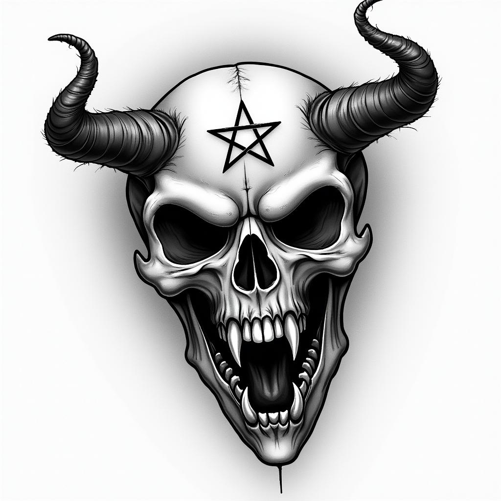 Big tits princess peachcreepy horror tattoo style, featuring an eerie and unsettling skull of a demonic creature, distorted face with sharp fangs, add pentagram symbol