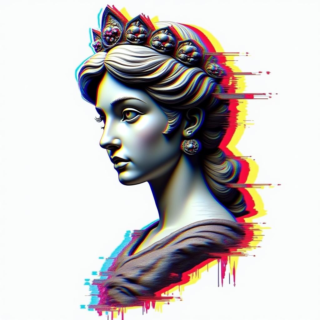 Big tits princess peachin distorted and fragmented tattoo design, featuring a classical statue bust, in a glitch art style with vibrant, overlapping colors of cyan, magenta, and yellow, creating a digital distortion effect - Variation 3