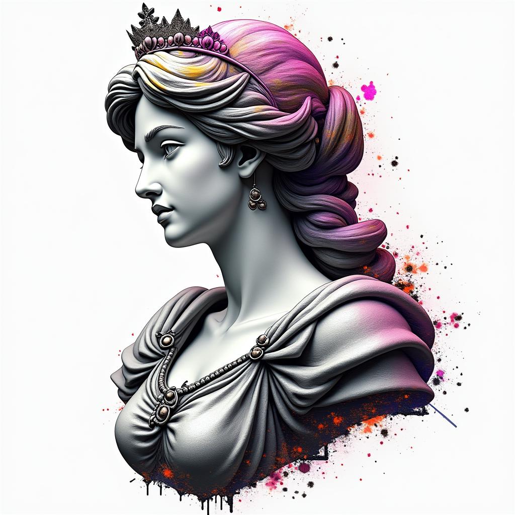 Big tits princess peachin distorted and fragmented tattoo design, featuring a classical statue bust, in a glitch art style with vibrant, overlapping colors of cyan, magenta, and yellow, creating a digital distortion effect