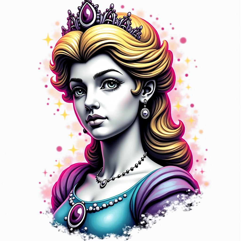 Big tits princess peachin distorted and fragmented tattoo design, featuring a classical statue bust, in a glitch art style with vibrant, overlapping colors of cyan, magenta, and yellow, creating a digital distortion effect - Variation 4
