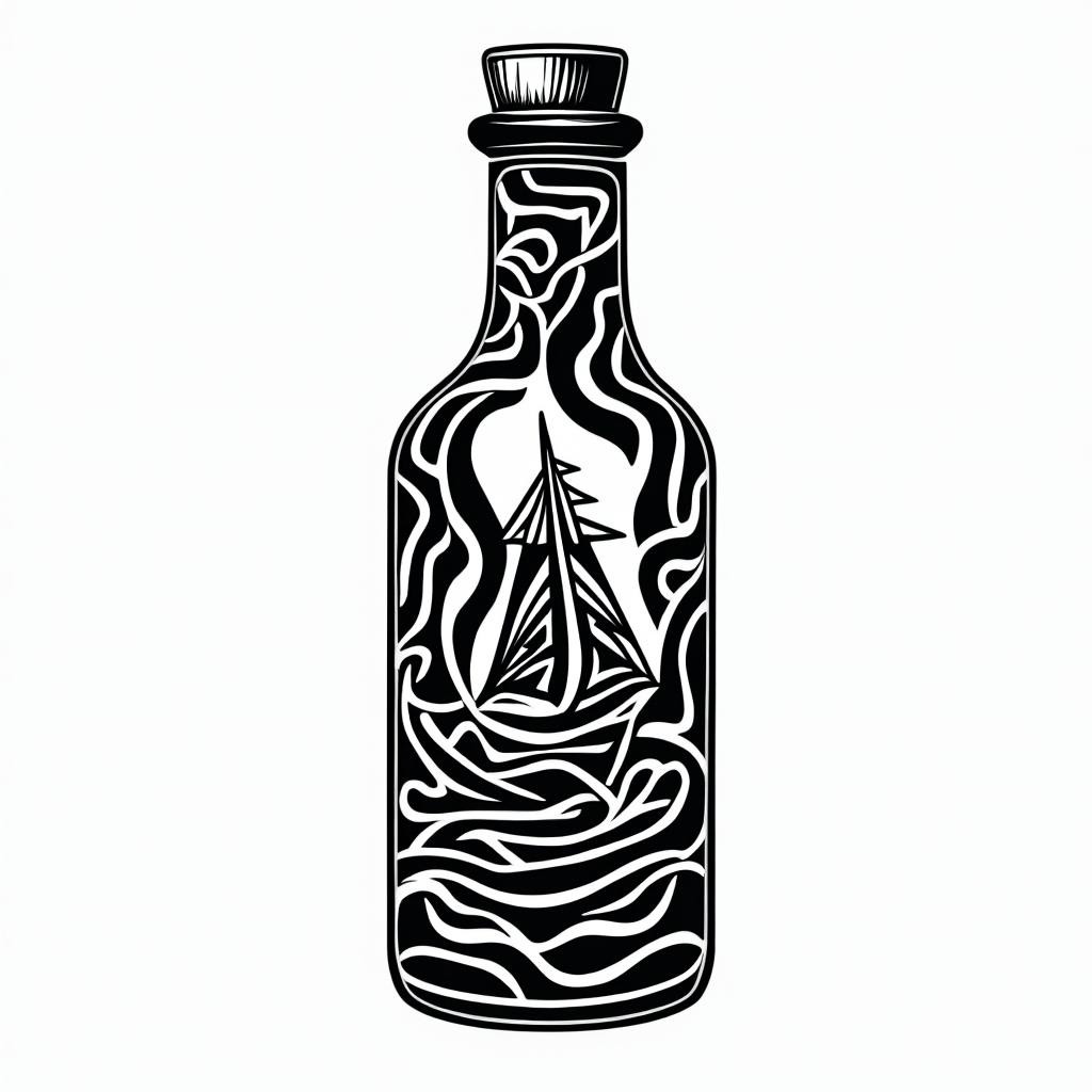 Ship and light house in bottle with krackingin tribal tattoo style, featuring bold and black geometric shapes, curved lines, intertwine and flow seamlessly, creating a powerful and symbolic design, polynesian and maori styles - Variation 4