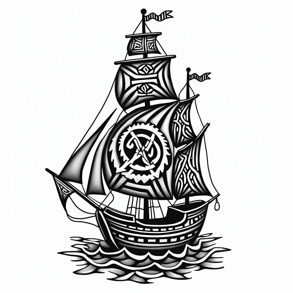 Ship and light house in bottle with krackingin tribal tattoo style, featuring bold and black geometric shapes, curved lines, intertwine and flow seamlessly, creating a powerful and symbolic design, polynesian and maori styles - Variation 3