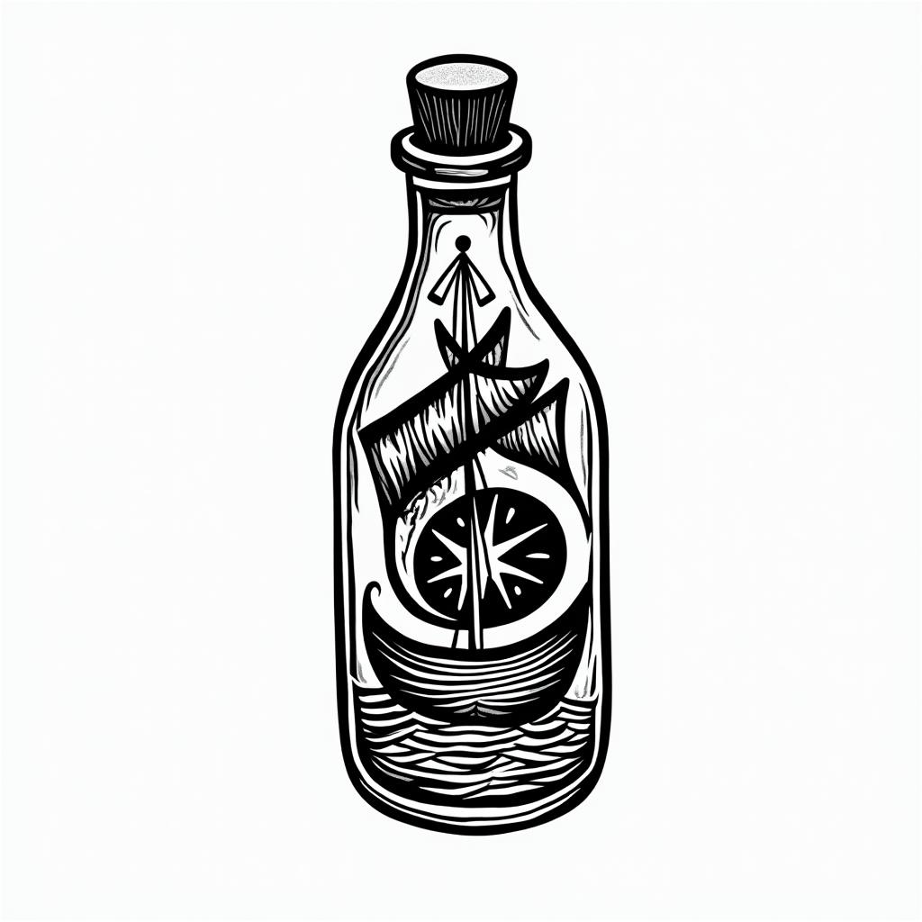 Ship and light house in bottle with krackingin tribal tattoo style, featuring bold and black geometric shapes, curved lines, intertwine and flow seamlessly, creating a powerful and symbolic design, polynesian and maori styles - Variation 2