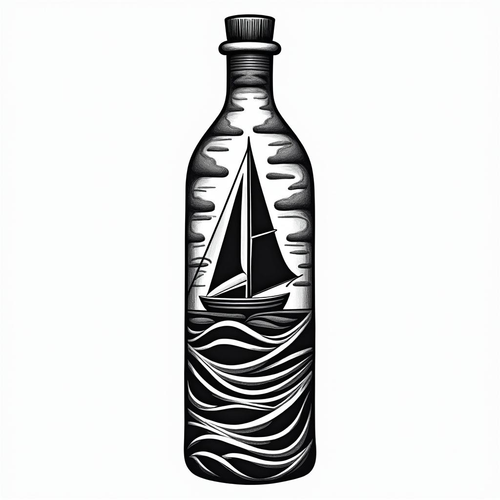 Ship and light house in bottle with krackingin tribal tattoo style, featuring bold and black geometric shapes, curved lines, intertwine and flow seamlessly, creating a powerful and symbolic design, polynesian and maori styles