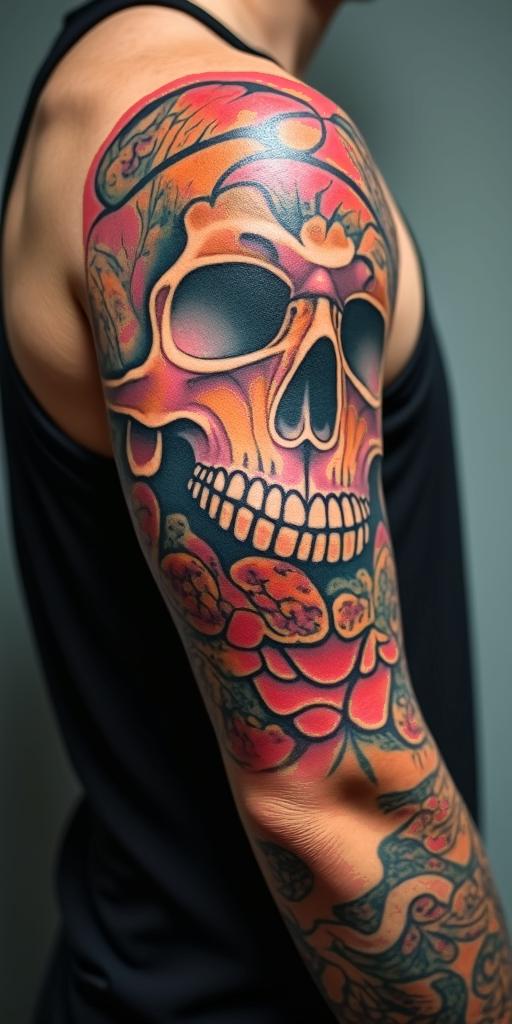 Don't l
ook backin pop art style tattoo, featuring bold and vibrant colors, exaggerated outlines, iconic imagery, inspired by comic books and speech bubbles, comic book characters, retro pop culture