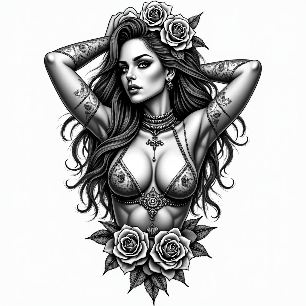 Big tits princess peachin chicano style tattoo, featuring intricate black and grey shading, bold elements of traditional chicano culture symbols, add a big cross with skull, chains and roses - Variation 4