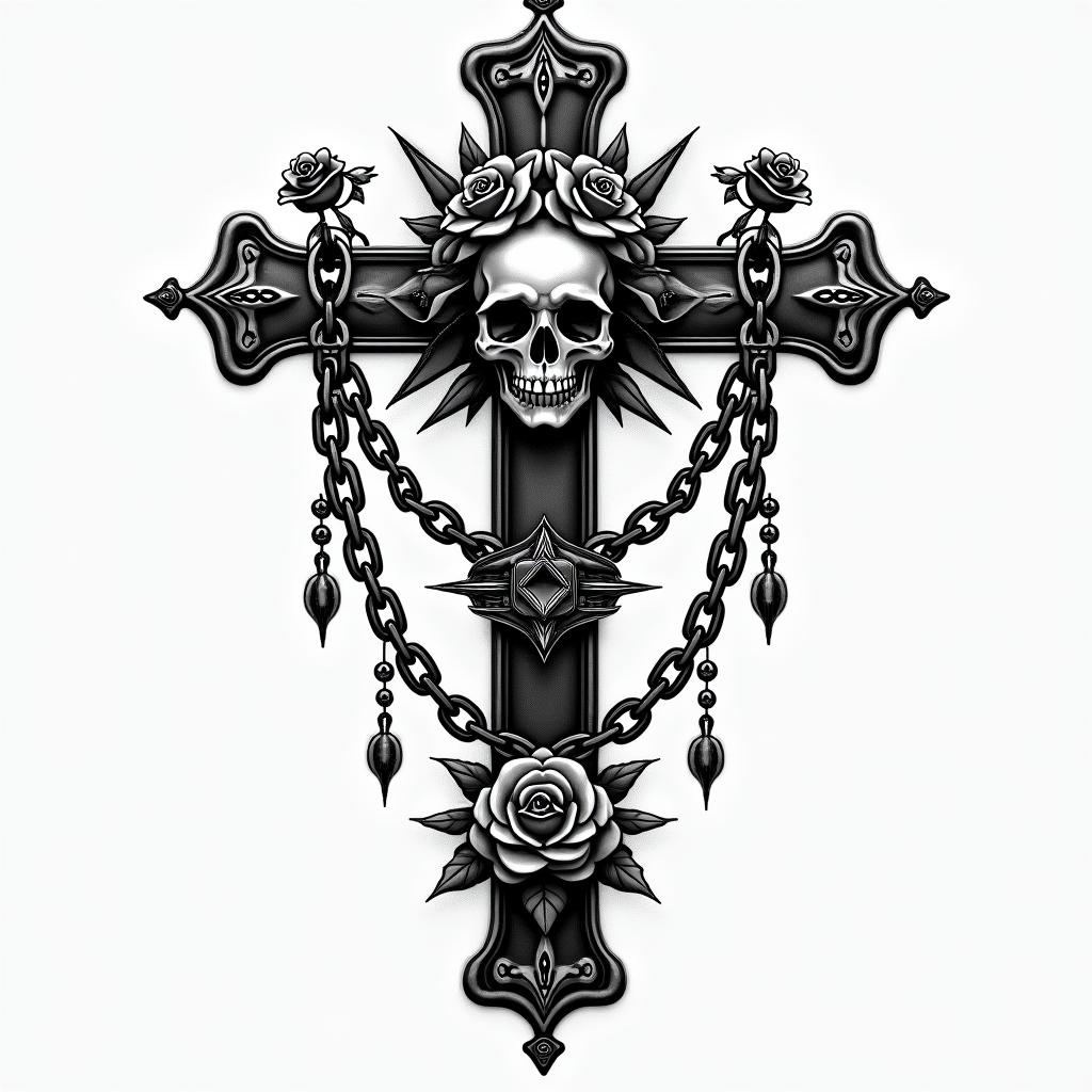 Big tits princess peachin chicano style tattoo, featuring intricate black and grey shading, bold elements of traditional chicano culture symbols, add a big cross with skull, chains and roses - Variation 2