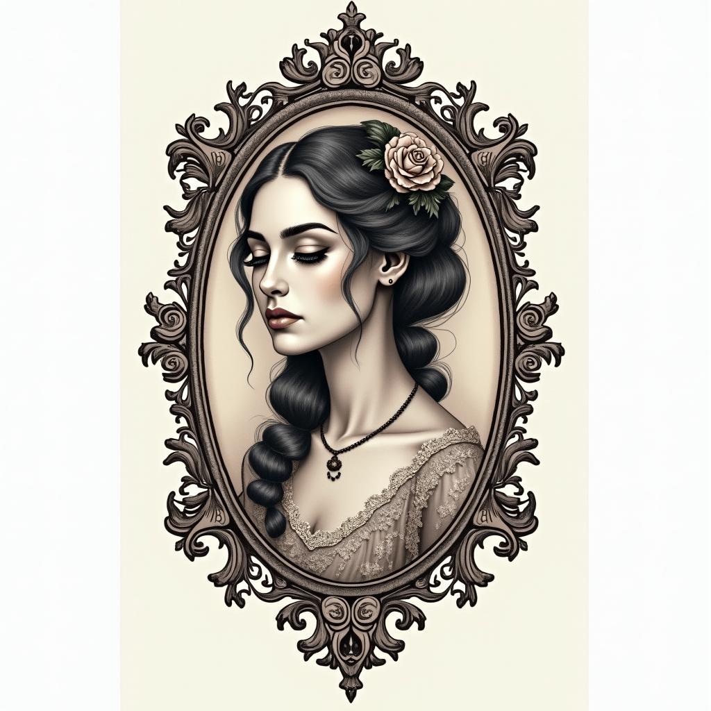 Michelle Leo Albuquerque New Mexicoin victorian style tattoo, featuring vintage and elegant elements, ornate frames, roses, antique, sepia-toned color scheme - Variation 2