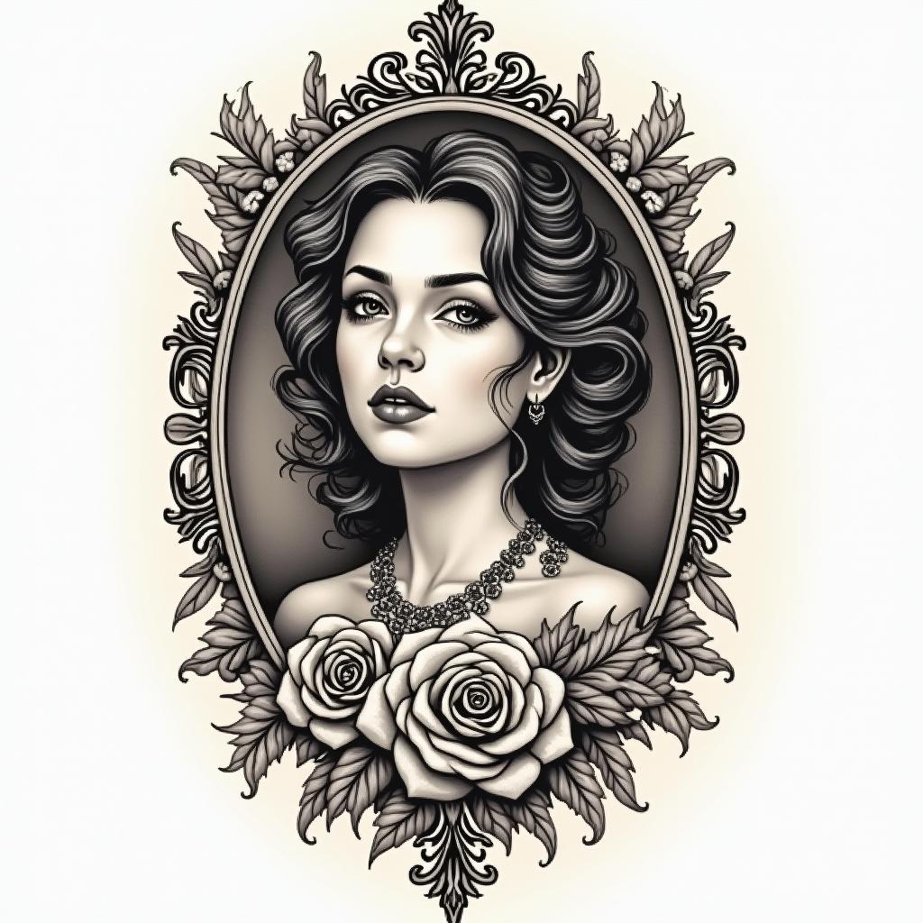 Michelle Leo Albuquerque New Mexicoin victorian style tattoo, featuring vintage and elegant elements, ornate frames, roses, antique, sepia-toned color scheme - Variation 4