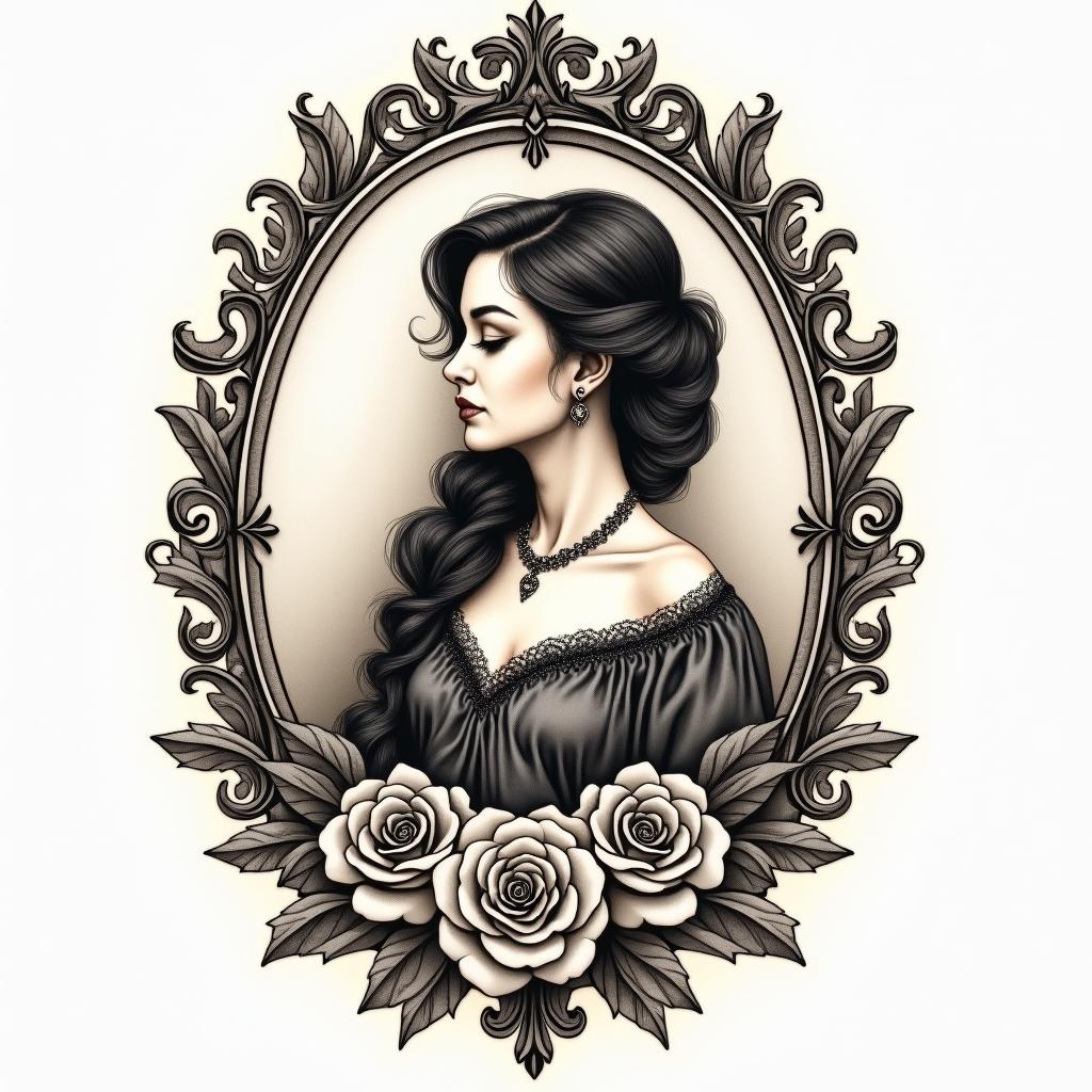Michelle Leo Albuquerque New Mexicoin victorian style tattoo, featuring vintage and elegant elements, ornate frames, roses, antique, sepia-toned color scheme