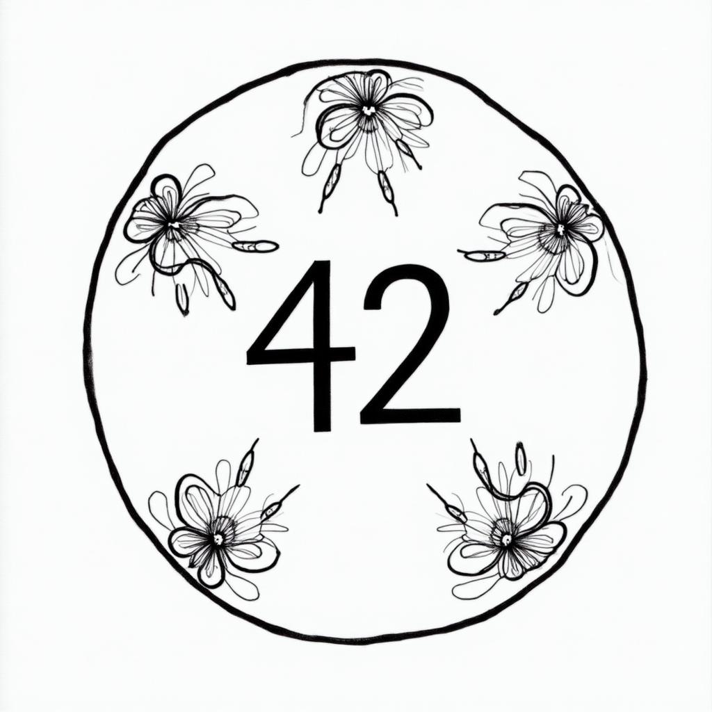 Three circles intersecting in a triangular shape, in the middle is the number 42. In the first circle it says: "Life" with an image of a DNA double helix, in the second circle it says: "Universe" with an image of the Aquarius zodiac sign as a background suggestion. In the third circle it says: "...and everything else", with only drawn images of a petunia in a pot and a blue whale.abstract dancing figures in Keith Haring style, featuring bold black outlines and solid color fills, figures posed in dynamic and playful dance movements, minimalist design - Variation 4