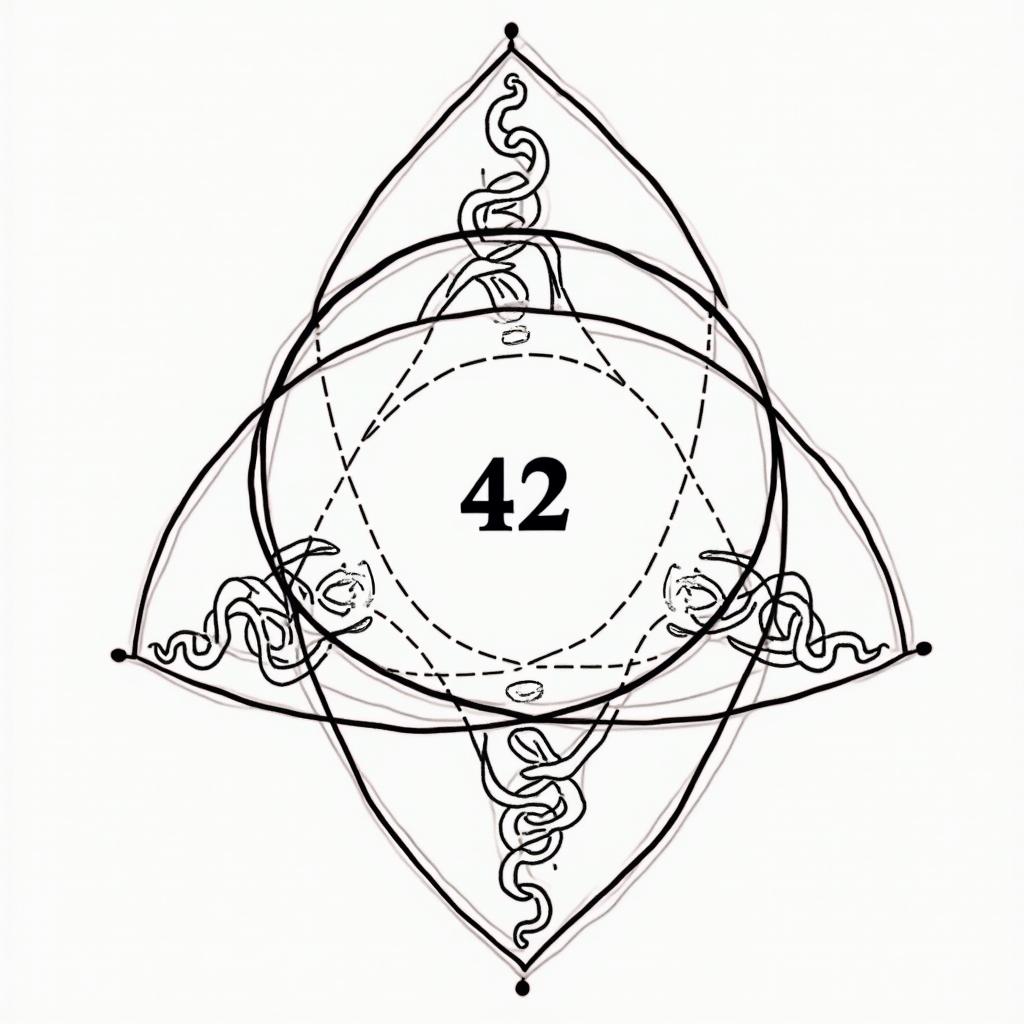 Three circles intersecting in a triangular shape, in the middle is the number 42. In the first circle it says: "Life" with an image of a DNA double helix, in the second circle it says: "Universe" with an image of the Aquarius zodiac sign as a background suggestion. In the third circle it says: "...and everything else", with only drawn images of a petunia in a pot and a blue whale.abstract dancing figures in Keith Haring style, featuring bold black outlines and solid color fills, figures posed in dynamic and playful dance movements, minimalist design - Variation 2