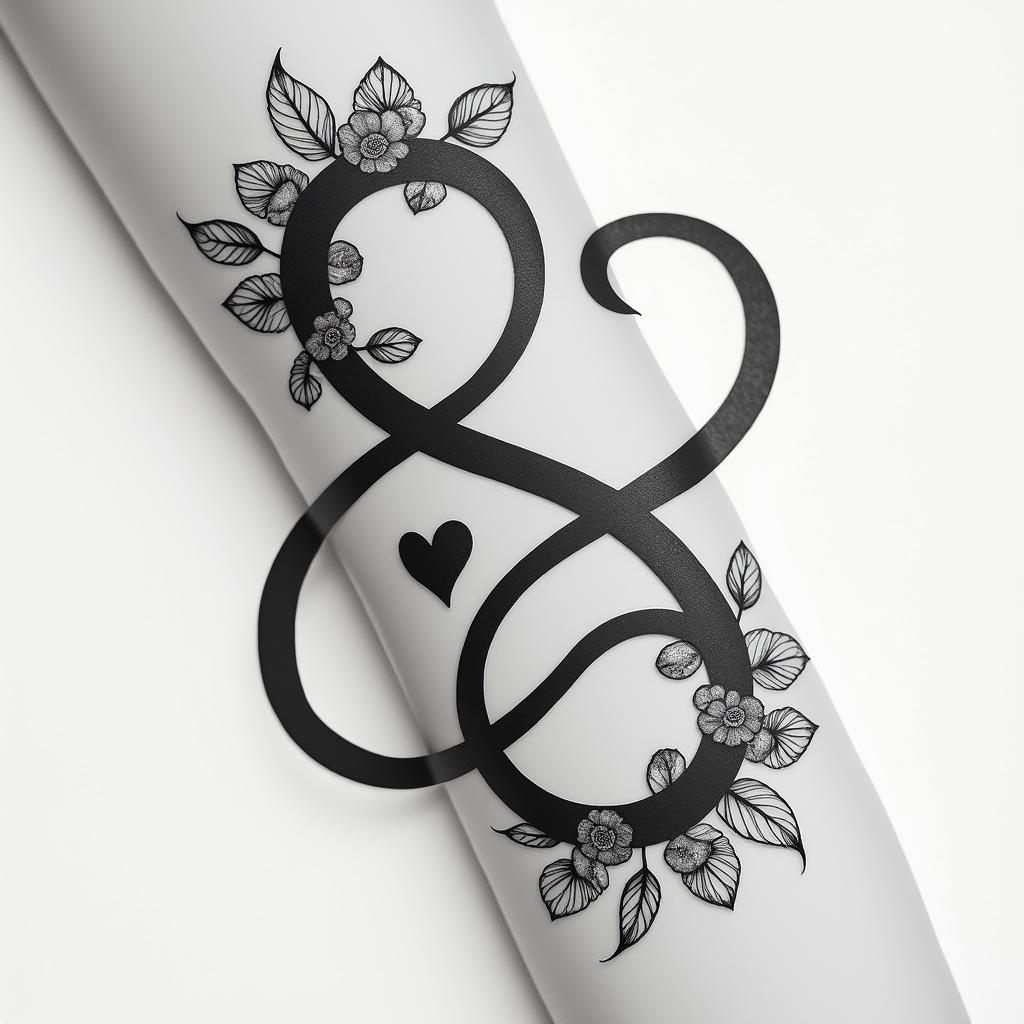 Jerri David Infinity Signin elegant cursive calligraphy style 2d tattoo, decorate with roses, featuring a smooth and flowing handwritten script with slightly thickened strokes for a luxurious and bold appearance,  heart symbol between names,  sleek and glossy black text with shadowing, minimalist matte white background, clean and sharp edges, illuminated with soft lighting, romantic, 8k, high-quality textures with refined typography