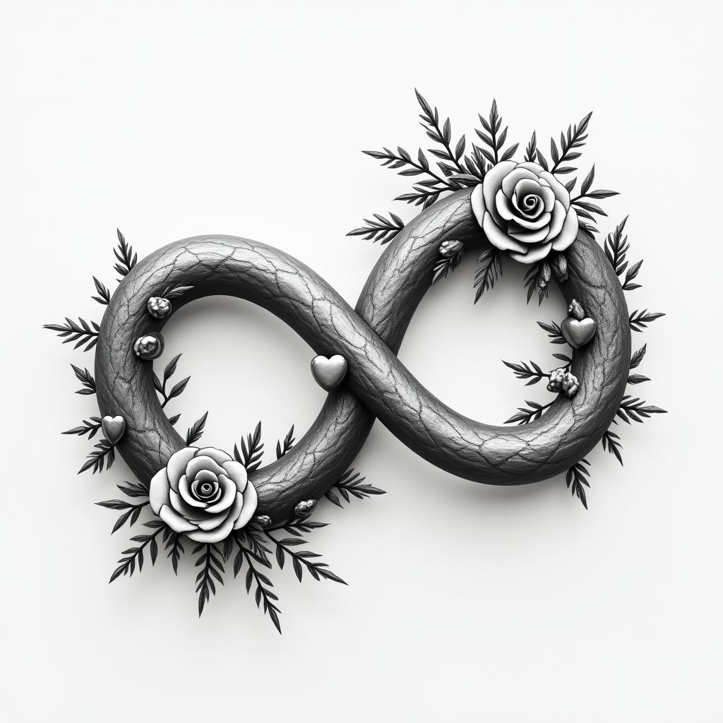 Jerri David Infinity Signin elegant cursive calligraphy style 2d tattoo, decorate with roses, featuring a smooth and flowing handwritten script with slightly thickened strokes for a luxurious and bold appearance, heart symbol between names, sleek and glossy black text with shadowing, minimalist matte white background, clean and sharp edges, illuminated with soft lighting, romantic, 8k, high-quality textures with refined typography - Variation 4