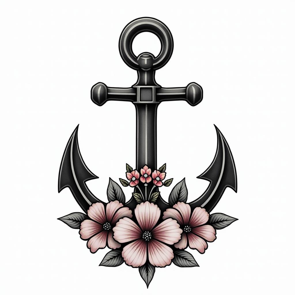 Traditonal anchor and petunias all colorin new school tattoo, pop culture, modern, detailed tattoo, illustrative - Variation 3
