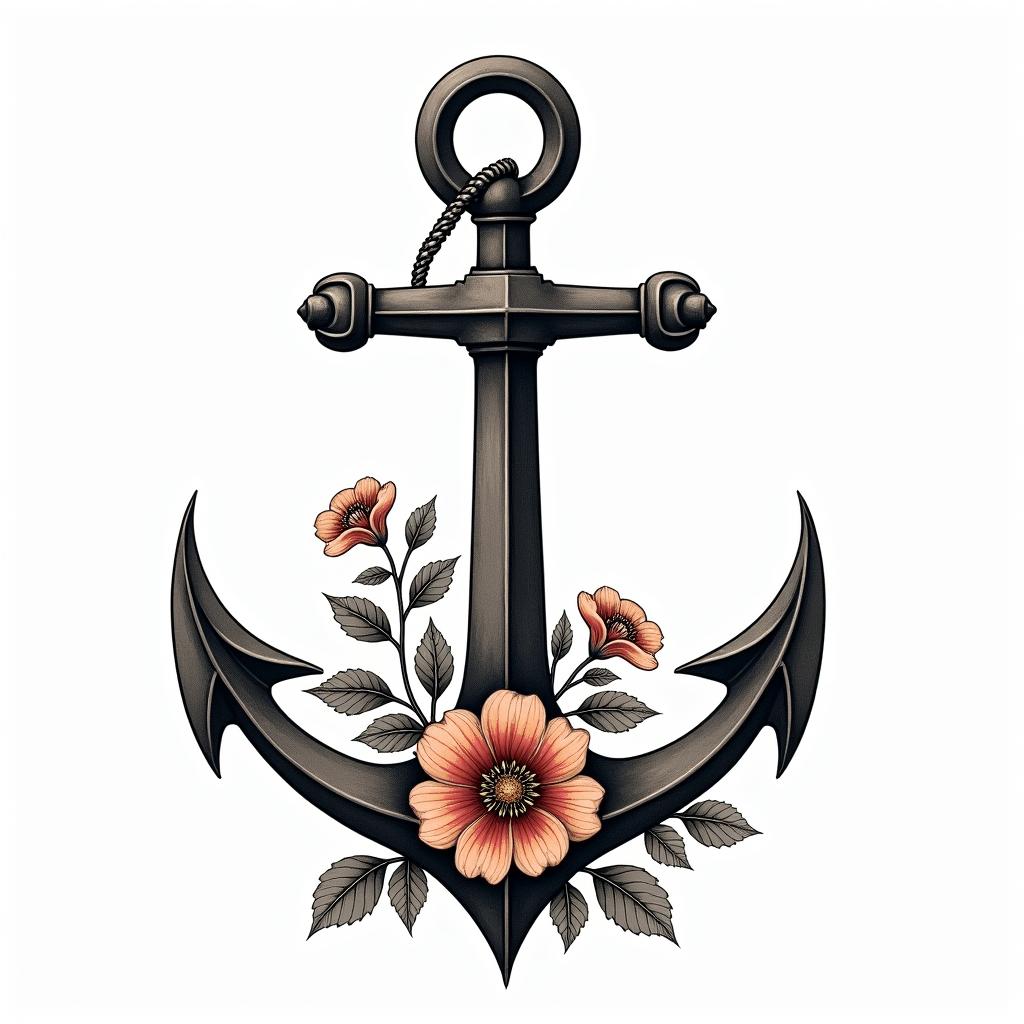 Traditonal anchor and petunias all colorin new school tattoo, pop culture, modern, detailed tattoo, illustrative - Variation 2