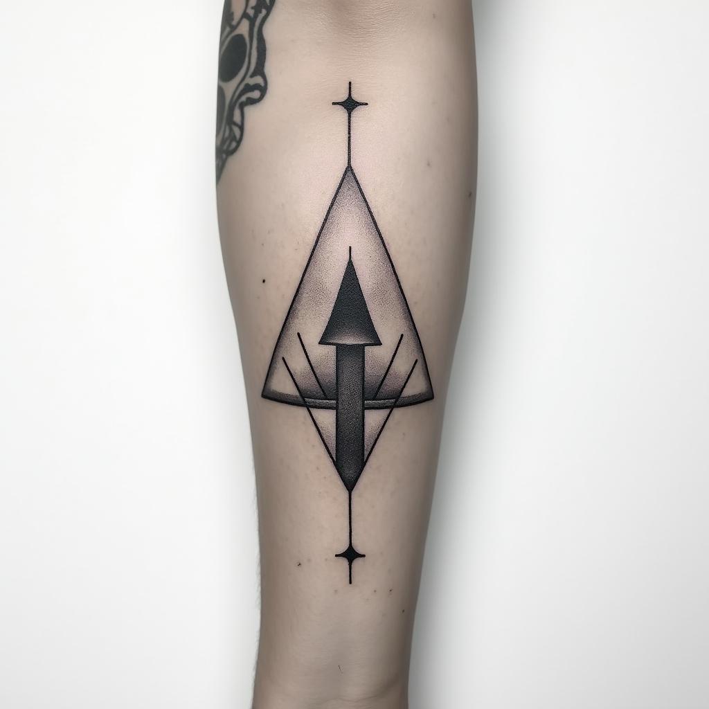 A tattoo on the forearm that connects with another tattoo on the back of the bicep and spills onto the back at the shoulder level. It should refer to the transmission of values, the passing of time, and also to a life that we devour without fear of putting ourselves in danger. With a nod to motorcycles for their rock and freedom aspect. But also to parachuting for the adrenaline factor. The values of courage, strength, justice, love, and humanity should be reflected. Perhaps starting on the forearm with the names of my children Eva and Raphaël in a Lusitanian style. Also add Elysa symbolizing a fleeting angel.in minimalist style tattoo, featuring simple shapes and fine lines, with minimal shading and details, tiny triangles, creating a sense of balance and harmony