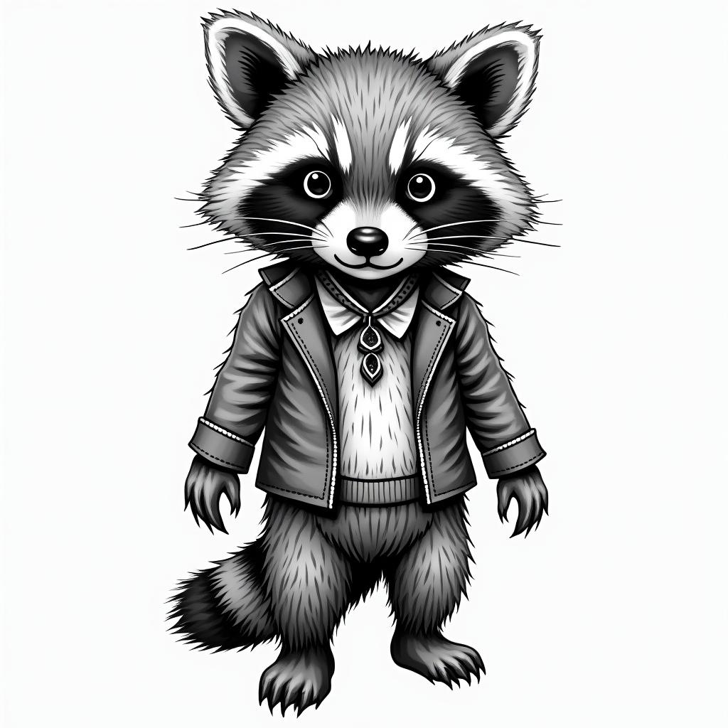 Kewpie dressed as a raccoonin authentic tattoo style, incorporating traditional modifications, bold black outlines, solid color fills, featuring classic authentic elements - Variation 4